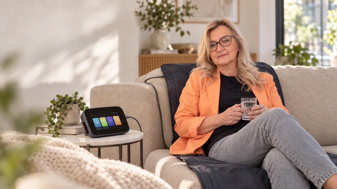 Gabriele Parolini sitzt mit einem Glas Wasser neben einem BEMER-Human-Gerät.