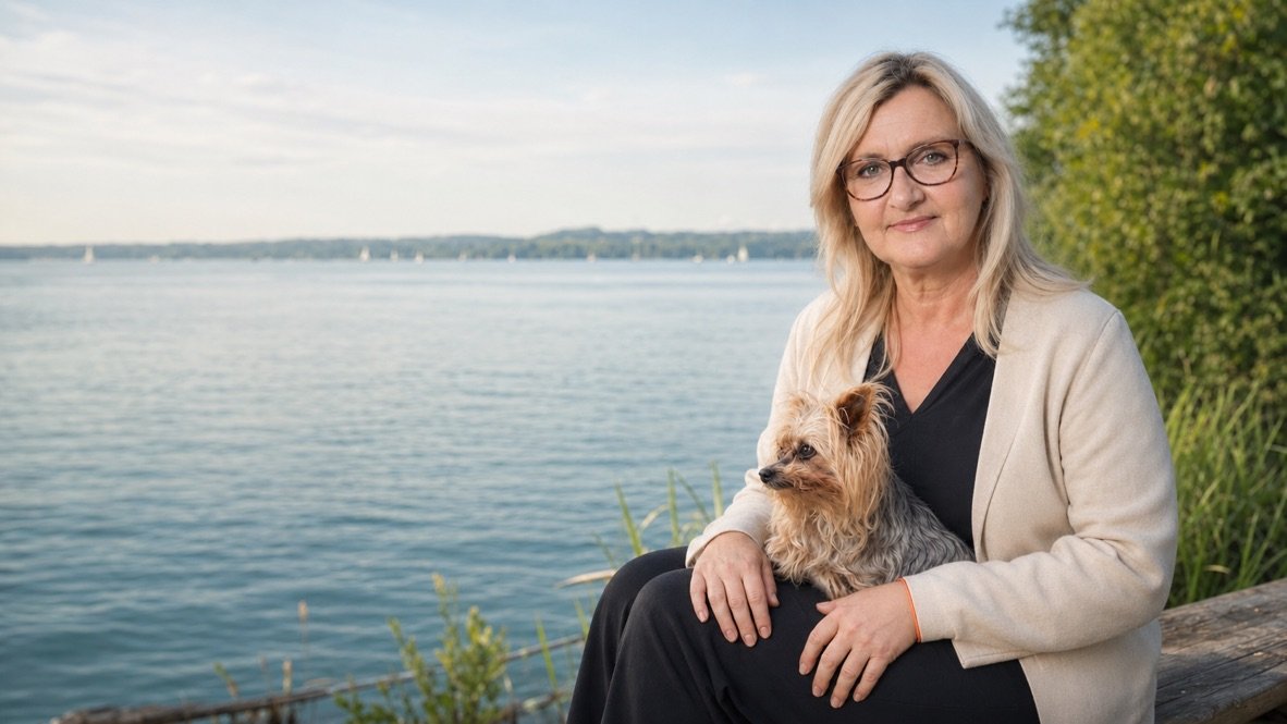 Gabriele Parolini mit ihrer Hündin Jenny an einem ruhigen See