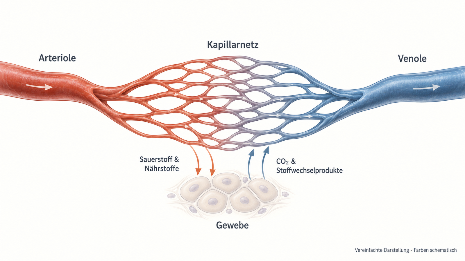 Vereinfachte Grafik: Arteriole, Kapillarnetz und Venole sowie Stoffaustausch zwischen Blut und Gewebe.