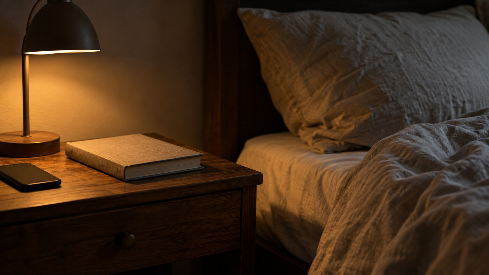 Geschlossenes Buch und abgelegtes Handy auf einem Nachttisch neben einem Bett mit Leinenwäsche im gedämpften Leselicht.