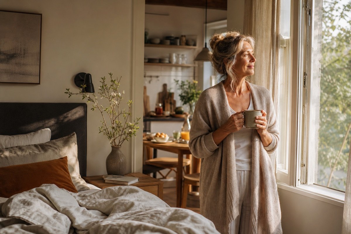 Eine erwachsene Frau steht am Morgen mit einer Tasse am offenen Fenster eines hellen Schlafzimmers.